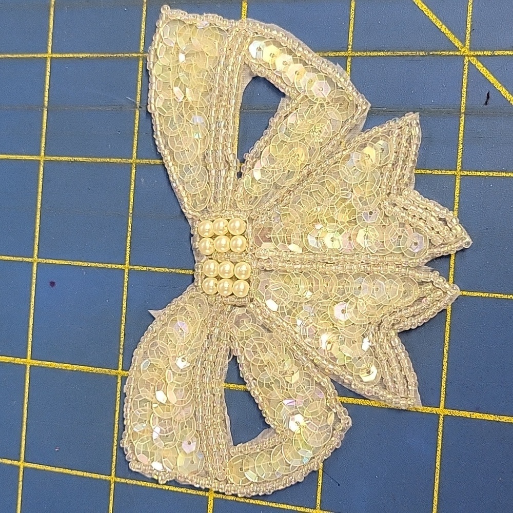 Vintage Beaded Floral Bow Applique 4.5" x 3"